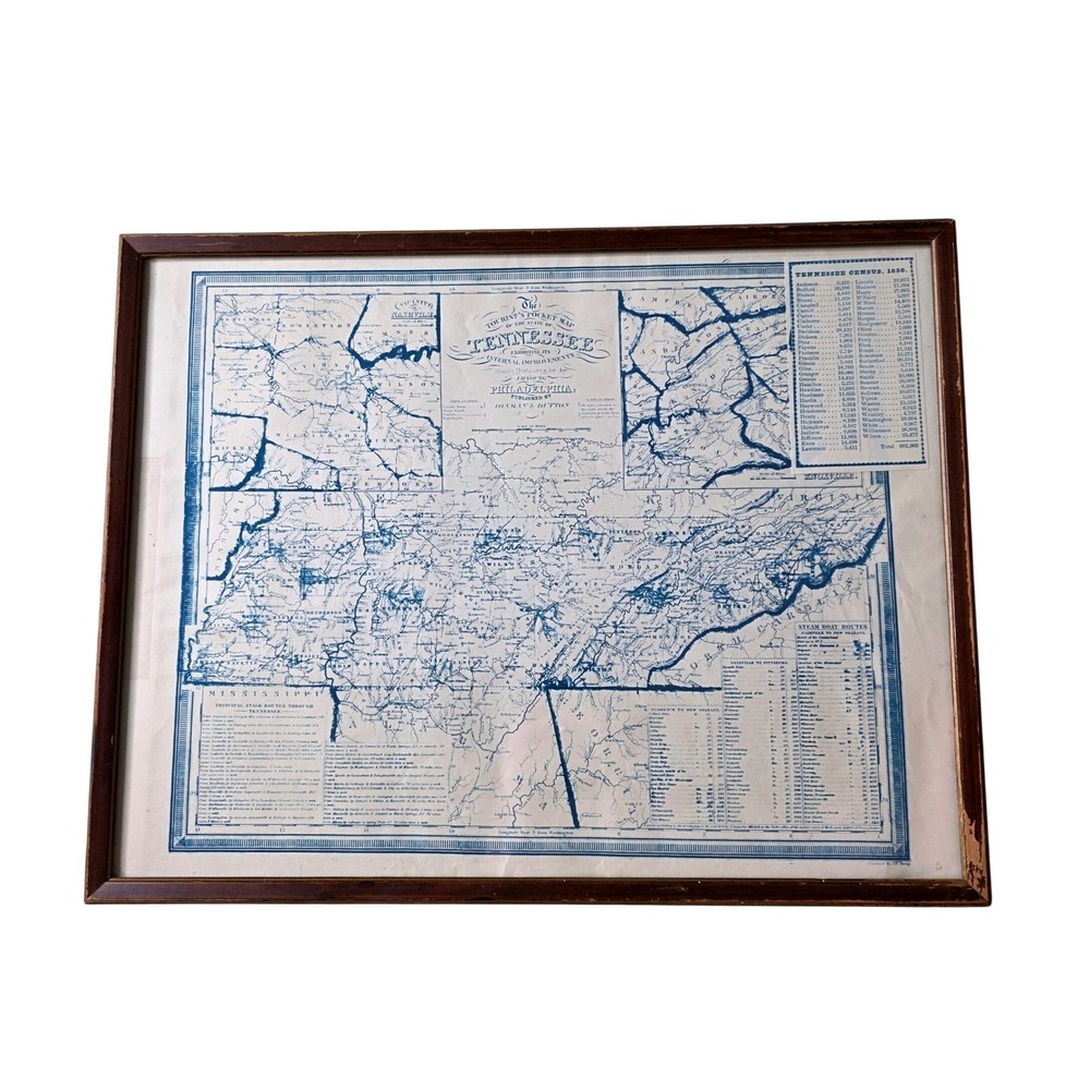 Vtg Tennessee Map 1834 Mitchell JH Young 1830 Census Knoxville Nashville Framed